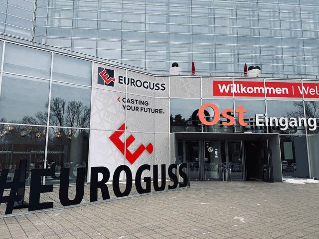 Entrance of the Nuremberg Exhibition Centre at Euroguss 2026, featuring Maicopresse SpA’s presence in the aluminium die casting industry.